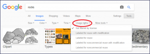 Screenshot of the Google image tools toolbar. A red circle has been marked around the 'Usage rights' button. Drop down options from this button show: • Not filtered by license • Labeled for reuse with modification • Labeled for reuse • Laveled for concommercial reuse with modification • Labeled for non-commercial reuse