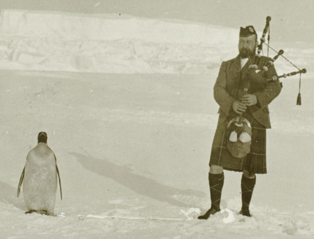 Image of piper and penguin in the Antarctic with rope visible.