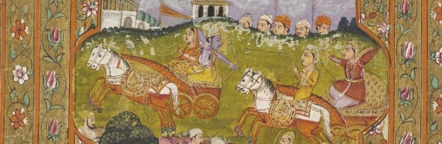 Detail of miniature from scroll relating the Mahabharata. Shows Krishna, armed with a bow and arrow, riding a chariot, aiming at another chariot which is following it.