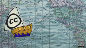 Map of the Pacific Ocean with a cartoon ship with the Creative Commons logo on its sail.