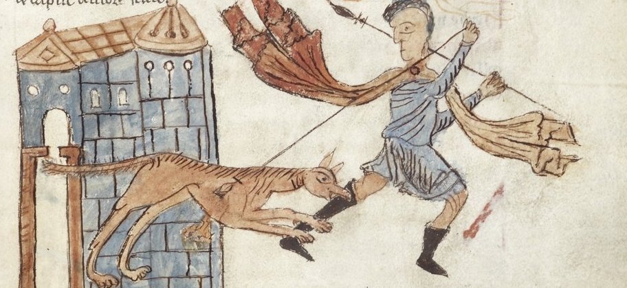 Dog biting man on ankle, illustration from manuscript