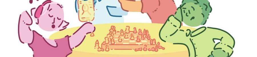 Colourful illustration of four young people talking and playing chess at a table.
