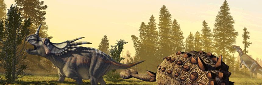 Two dinosaurs in a grassy field.