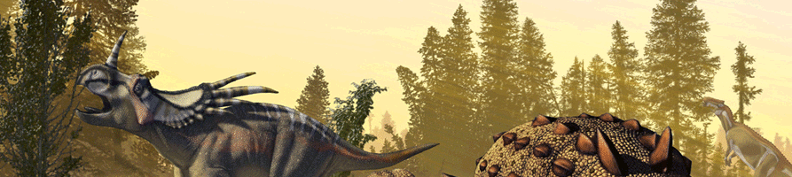 Two dinosaurs in a grassy field.