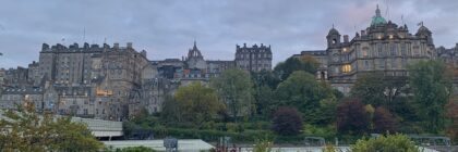 Edinburgh old town landscape as seen from Princes Street Gardens.