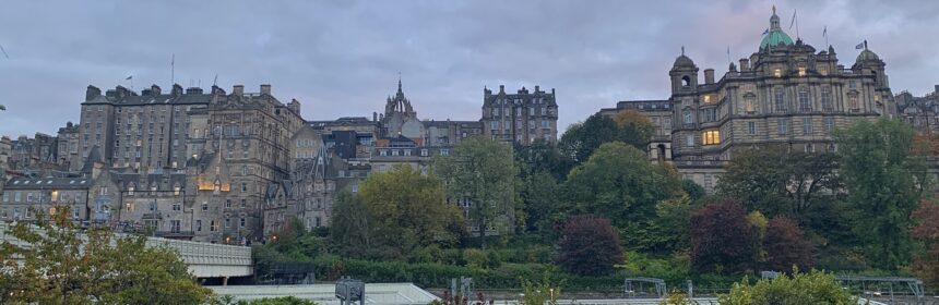 Edinburgh old town landscape as seen from Princes Street Gardens.