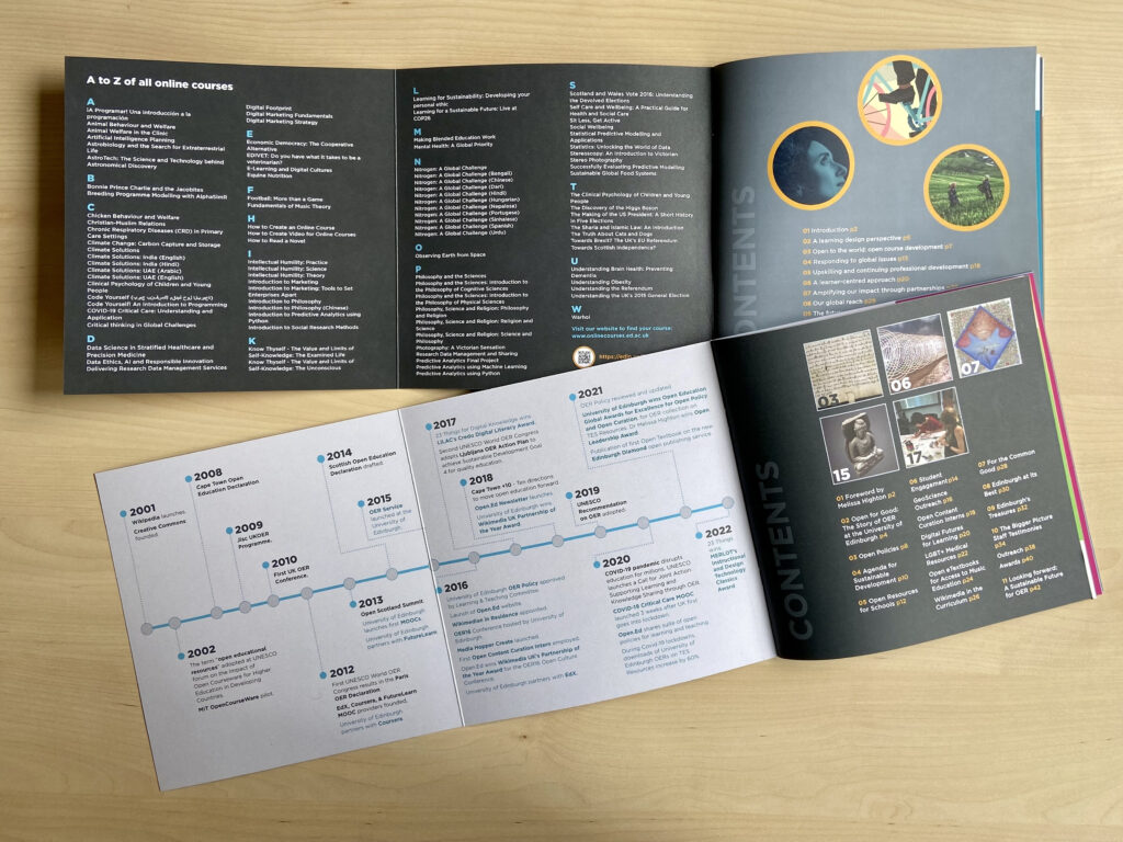 Photograph of OER and OCP brochures showing course catalogue and open education timeline.