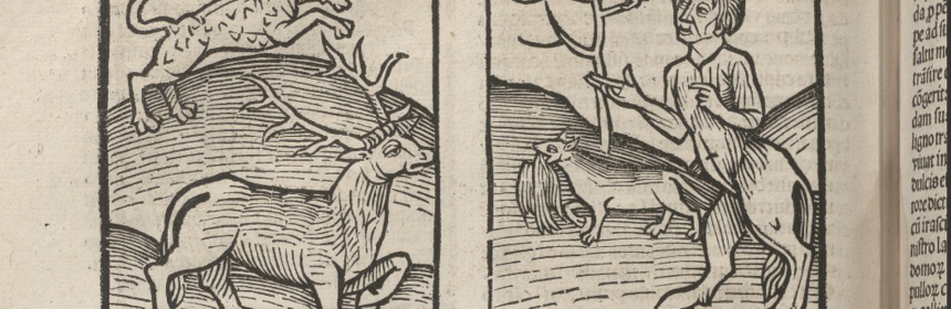 Woodcut illustrations of what appear to be deer and a faun
