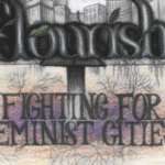 Pencil illustration of tall city buildings surrounded by a circular rainbow and greenery.