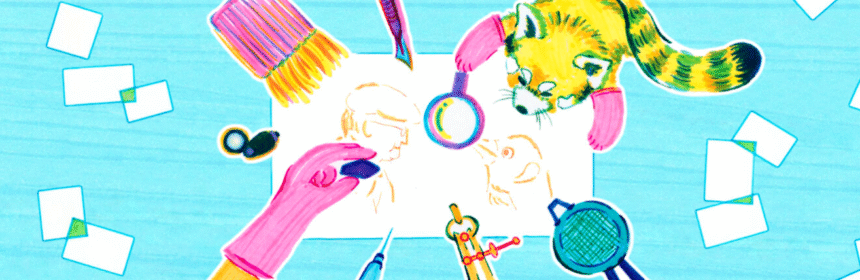 Illustration of red panda looking with a magnifying glass at archival tools.