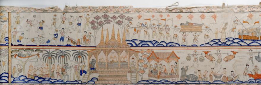 This early 20th century painted scroll shows the chapter about Jujuka. On the bottom row we see him bring the children to the city, where they are ransomed by the king. Then Jujuka begins his overeating, leading to his death, shown on the top row.