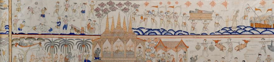 This early 20th century painted scroll shows the chapter about Jujuka. On the bottom row we see him bring the children to the city, where they are ransomed by the king. Then Jujuka begins his overeating, leading to his death, shown on the top row.