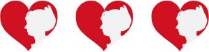 Three red hearts with the white silhouette of a woman's head.