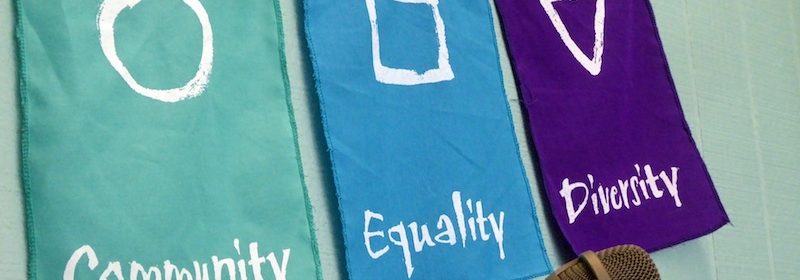 three flags with the words: community, Equality, Diversity