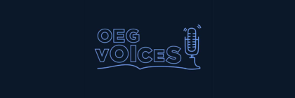 OEG Voices logo, blue on navy background