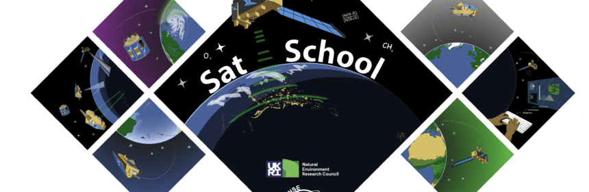 illustration of earth from space with science satellites.